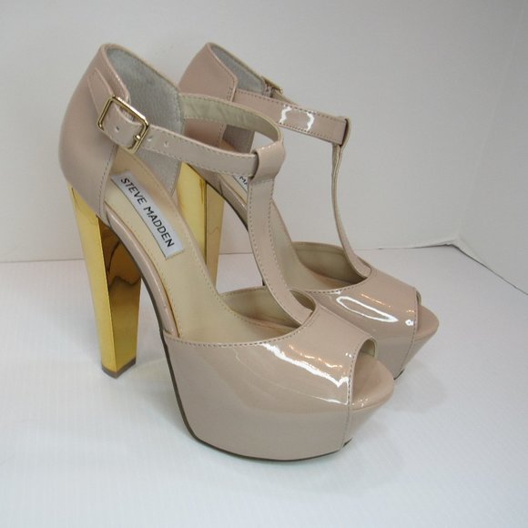 Steve Madden Dyvine Beige T Bar Peep Toe Platform Gold Heel Pumps - Picture 1 of 15